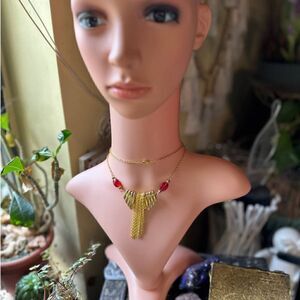 Vintage Napier Gold Fringe Red Bead Necklace